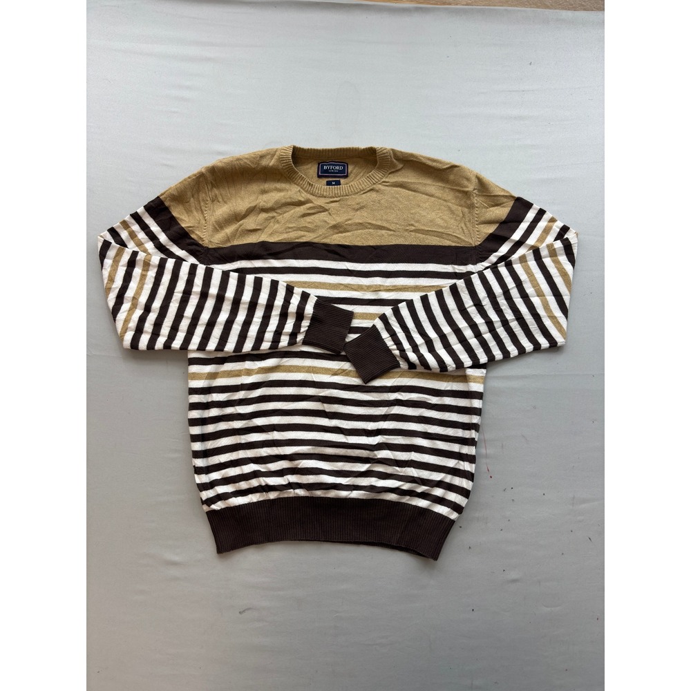 Byford London Mens Medium Tan Brown White Striped Colorblock Crewneck Sweater